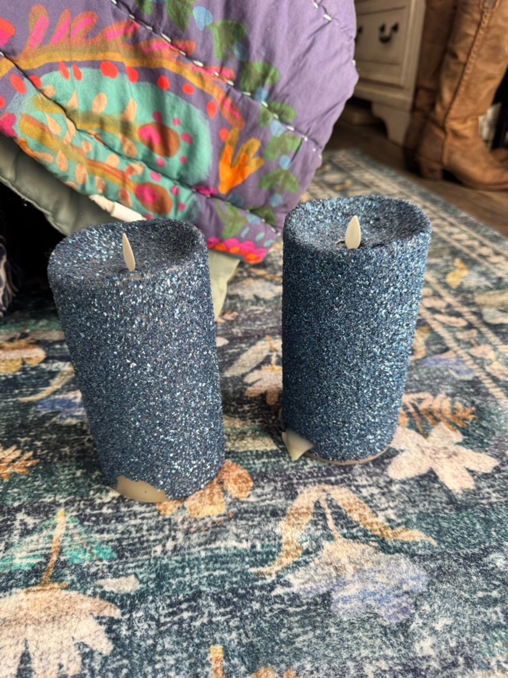 Luminara Glitter Flameless Pillar Candle Pair in Navy Blue